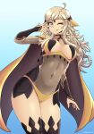  1girl absurdres ahoge arm_up bangs blonde_hair bodystocking breasts bridal_gauntlets cape covered_navel fire_emblem fire_emblem_fates grey_eyes highres jarckius long_hair looking_at_viewer medium_breasts one_eye_closed ophelia_(fire_emblem) panties thigh-highs thighs tongue tongue_out underwear upper_body 