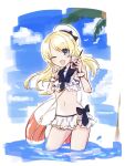  1girl bangs bikini blonde_hair blue_eyes bow clouds cup day disposable_cup eyebrows_visible_through_hair hat highres holding holding_cup innertube jervis_(kancolle) kantai_collection long_hair nikai_kara_momoshio one-hour_drawing_challenge one_eye_closed open_mouth outdoors palm_tree partially_submerged sky solo swimsuit tree w water white_bikini white_headwear 