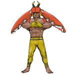  1boy abs barefoot byte_(grunty-hag1) closed_mouth commentary_request facepaint full_body gen_7_pokemon gloves hands_together hands_up hat horns legendary_pokemon legs_apart male_focus muscular muscular_male navel nose_piercing nose_ring orange_headwear pants personification piercing pokemon shirtless simple_background sketch smile solo standing tapu_bulu toes white_background yellow_gloves yellow_pants 