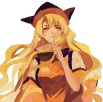  1girl bangs black_headwear blonde_hair breasts brown_headwear cape detached_sleeves earrings eyebrows_visible_through_hair hair_between_eyes hand_up hat highres jewelry long_hair long_sleeves matara_okina medium_breasts orange_cape orange_sleeves shirt simple_background sketch solo sun_symbol touhou upper_body white_background white_shirt yellow_eyes 