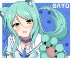  1girl animal_ear_fluff animal_ears bang_dream! bangs blue_background blue_collar blush character_name collar collarbone commentary_request dog_ears dog_girl dog_tail eyebrows_visible_through_hair fang gloves green_eyes green_gloves green_hair hair_between_eyes hikawa_sayo kemonomimi_mode leash long_hair looking_at_viewer open_mouth parted_bangs paw_gloves paws sailor_collar shirt short_sleeves solo sonosakiburi tail two-tone_background white_background white_sailor_collar white_shirt 