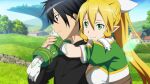  1boy 1girl black_eyes black_hair blonde_hair game_cg green_eyes highres hug hug_from_behind kirito leafa leafa_(sao:im) long_hair official_art outdoors sword_art_online sword_art_online:_hollow_fragment 