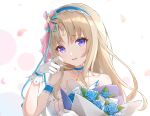  1girl arm_garter bangs blonde_hair blush bouquet civia collarbone crying crying_with_eyes_open flower gloves hair_ornament headband holding holding_bouquet hololive hololive_china horns jewelry kebin_no_shio_amaou long_hair necklace parted_bangs single_horn sleeveless smile solo tears unicorn_girl violet_eyes virtual_youtuber white_gloves 