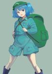  1girl :d backpack bag bangs blue_eyes blue_footwear blue_hair boots collarbone eyebrows_behind_hair eyebrows_visible_through_hair feet_out_of_frame flat_cap green_bag green_headwear grey_background hair_bobbles hair_ornament hat highres kakone kawashiro_nitori key long_sleeves looking_at_viewer open_mouth pocket rubber_boots short_hair simple_background smile solo standing touhou twintails two_side_up 