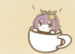  1girl azur_lane black_eyes black_ribbon chibi crown cup hair_ribbon in_container in_cup javelin_(azur_lane) koti light_brown_background mini_crown purple_hair ribbon short_hair simple_background solo 