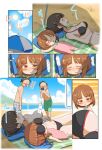  ! !! 2boys 2girls bangs barefoot beach beach_towel beach_umbrella bikini black_bikini blanket blue_sky blunt_bangs blush bra_over_eyes brown_eyes brown_hair cellphone chibi clothes_theft clouds cloudy_sky commentary_request day girls_und_panzer hair_bun hair_up half-closed_eyes highres holding holding_phone horizon jaw_drop jinguu_(4839ms) looking_at_another lying male_swimwear medium_hair mother_and_daughter motion_lines multiple_boys multiple_girls navel nishizumi_miho nishizumi_shiho on_back open_mouth outdoors phone pillow saliva shade short_hair sitting sky sleeping sleepy smartphone standing sun sweat swim_trunks swimsuit taking_picture text_censor theft topless towel translation_request umbrella wide-eyed younger 