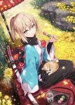  1girl black_hakama black_scarf blonde_hair cat chestnut_mouth cup dango eyebrows_visible_through_hair fate/grand_order fate_(series) food gabiran hakama haori holding holding_food japanese_clothes katana kimono leaf long_sleeves looking_at_viewer okita_souji_(fate) okita_souji_(fate)_(all) open_mouth ponytail revision sanshoku_dango scarf sheath sheathed short_hair sitting solo sword tea wagashi weapon yellow_eyes 