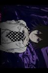  1boy bangs black_hair buttons chain checkered checkered_neckwear checkered_scarf dangan_ronpa_(series) dangan_ronpa_v3:_killing_harmony double-breasted doum_(dangan666) hair_between_eyes highres jacket letterboxed long_sleeves looking_at_viewer male_focus medium_hair ouma_kokichi own_hands_together purple_background scarf sketch smile solo straitjacket unmoving_pattern upper_body violet_eyes 