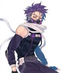  1boy alternate_costume bangs bare_shoulders black_eyes boku_no_hero_academia commentary covered_abs covered_mouth cowboy_shot detached_sleeves english_commentary glowing grey_background grey_scarf highres long_sleeves male_focus pants purple_hair rorokonaa scarf shinsou_hitoshi short_hair simple_background solo v-shaped_eyebrows 