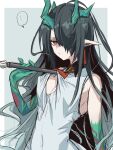  ... 1girl an_fyhx arknights black_hair border cleavage_cutout clothing_cutout colored_skin dragon_girl dragon_horns dress dusk_(arknights) earrings gradient_skin green_skin hair_over_one_eye highres horns jewelry long_hair looking_at_viewer necktie outside_border pointy_ears red_eyes red_neckwear sleeveless sleeveless_dress solo spoken_ellipsis tassel tassel_earrings white_border white_dress 