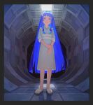  1girl absurdres bangs blue_eyes blue_hair blunt_bangs border ceiling ceiling_light closed_mouth commentary_request dress film_grain flip-flops full_body grey_border hair_intakes hallway highres huge_filesize kumomachi light light_smile long_hair original sandals science_fiction shadow shiny shiny_hair sidelocks solo space standing star_(sky) very_long_hair white_dress white_footwear 