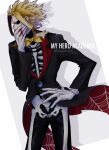  1boy bangs black_jacket black_pants blonde_hair blood blood_from_mouth blood_on_face bloody_clothes blue_eyes boku_no_hero_academia bow bowtie copyright_name cowboy_shot gem gloves grey_background halloween_costume hand_up highres jacket large_hands male_focus orange_bow pants red_jacket skeleton_print solo sword tomoya_(10mymn10_mha) twitter_username two-sided_fabric weapon white_background white_gloves yagi_toshinori 