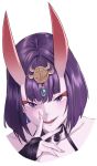  1girl bangs bare_shoulders bob_cut breasts bridal_gauntlets collarbone eyeliner fangs fate/grand_order fate_(series) headpiece highres horns incloud looking_at_viewer makeup oni oni_horns purple_hair short_hair shuten_douji_(fate) skin-covered_horns small_breasts smile solo violet_eyes 