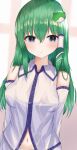  +_+ 1girl aohane bangs bare_shoulders blue_eyes blush breasts closed_mouth collar detached_sleeves eyebrows_visible_through_hair frog_hair_ornament green_hair hair_between_eyes hair_ornament hair_tubes highres holding kochiya_sanae long_hair long_sleeves looking_to_the_side medium_breasts navel panties shirt sleeveless sleeveless_shirt smile solo star_(symbol) touhou underwear white_panties white_shirt 