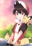  1boy bangs baseball_cap blush brown_eyes brown_hair closed_mouth commentary_request gen_1_pokemon gen_2_pokemon hair_between_eyes haru_(haruxxe) hat highres jacket looking_at_viewer male_focus on_shoulder pichu pikachu pokemon pokemon_(creature) pokemon_adventures pokemon_on_shoulder popped_collar red_(pokemon) red_headwear shirt short_hair short_sleeves sitting sleeping smile t-shirt wristband 