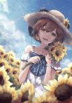  1girl absurdres anchor_print aruka bangs bare_shoulders blue_sky blush bracelet brown_eyes brown_hair clouds commentary_request day dress field flower flower_field hat hat_flower highres holding holding_flower huge_filesize jewelry kantai_collection looking_at_viewer open_mouth outdoors short_hair sky smile solo speaking_tube_headset standing straw_hat sun_hat sunflower watch watch yukikaze_(kancolle) 