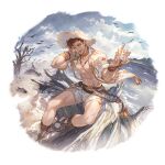  1boy abs bare_pectorals bird bracelet brown_hair choker clouds cloudy_sky conch ear_piercing foot_out_of_frame gladiator_sandals granblue_fantasy hat jacket jewelry lobelia_(granblue_fantasy) looking_at_viewer navel necklace official_art one_eye_closed open_clothes open_jacket pectorals piercing sandals seashell shell shorts sitting sky sleeves_rolled_up smile solo straw_hat transparent_background tree water white_shorts 