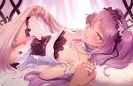 1girl armlet backlighting bangs bare_shoulders bed_sheet blush bracelet breasts collarbone curtains dress euryale_(fate) fate/hollow_ataraxia fate_(series) frilled_hairband frills hairband highres holding_hands jewelry long_hair looking_at_viewer lying m-da_s-tarou neck_ring necklace on_bed on_side open_mouth parted_bangs purple_hair ring sidelocks small_breasts smile thighlet twintails very_long_hair violet_eyes white_dress 