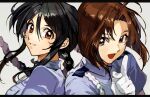  2girls back-to-back black_eyes black_hair blue_shirt braid brown_eyes brown_hair gloves kobayakawa_miyuki long_hair multiple_girls parted_lips police police_uniform policewoman raised_fist rope shirt short_hair single_braid tsujimoto_natsumi uncle_rabbit_ii uniform upper_body white_gloves you&#039;re_under_arrest 