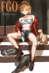  1girl bandeau bangs bare_shoulders blonde_hair boots braid breasts cat collarbone cutoffs fate/apocrypha fate_(series) food french_braid green_eyes hair_ornament hair_scrunchie highres jacket jewelry long_hair long_sleeves looking_at_viewer mordred_(fate) navel necklace off_shoulder open_clothes open_jacket parted_bangs ponytail popsicle red_jacket scrunchie sidelocks sitting small_breasts stairs tsugu0302 