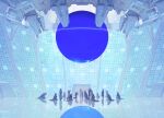  ambiguous_gender arms_up ball blue_theme commentary_request crowd hands_up highres hood hood_up indoors kneeling kumomachi machinery orb original own_hands_together people praying reflection robe science_fiction standing very_wide_shot 