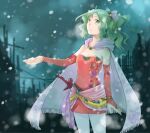  1girl azuma_shouko bare_shoulders bow breasts cape detached_sleeves dress final_fantasy final_fantasy_vi green_eyes green_hair long_hair pantyhose ponytail ribbon snow snowing solo standing strapless strapless_dress sword tied_hair tina_branford weapon 