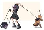  3girls animal_ears arknights black_dress black_hair blush boots brown_coat brown_footwear brown_hair ceobe_(arknights) chibi chinese_commentary chinese_text clothing_cutout coat dog_ears dog_girl dog_tail dog_walking dress eye_mask fang grey_footwear highres hood hood_up horns_through_hood lava_(arknights) lava_the_purgatory_(arknights) leash leash_pull long_hair lying mabing multiple_girls on_side open_mouth pants photo-referenced pointing purple_hair purple_pants red_eyes running saga_(arknights) shadow shiba_inu sparkle sweatdrop tail thigh-highs thigh_boots white_legwear 