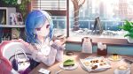  bag blue_hair cake cappuccino_(drink) cellphone chalkboard_sign chinese_commentary collarbone cookie cup eiffel_tower food fork hair_ornament handbag highres holding holding_cup hoshimiya_siro indie_virtual_youtuber kebin_no_shio_amaou looking_at_viewer manga_(object) medium_hair phone pudding sakura_trick sitting smartphone smile star_(symbol) star_hair_ornament tree violet_eyes virtual_youtuber window 