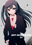  1girl adjusting_clothes adjusting_necktie bangs birthday black_eyes black_hair blazer character_name commentary_request dated english_text eyebrows_visible_through_hair formal hair_ornament happy_birthday highres jacket long_hair long_sleeves looking_at_viewer love_live! love_live!_nijigasaki_high_school_idol_club necktie pants red_neckwear saikyo_pink_fp shiny shiny_hair side_ponytail sidelocks smile solo suit yuuki_setsuna_(love_live!) 