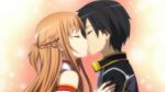  1boy 1girl asuna_(sao) brown_eyes brown_hair closed_eyes game_cg hetero highres hug kirito kiss long_hair profile simple_background source_request sword_art_online sword_art_online:_hollow_fragment 