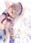  1girl absurdly_long_hair azur_lane black_choker black_neckwear black_sailor_collar bow_dress breasts choker dress feather_dress flower formidable_(azur_lane) formidable_(timeless_classics)_(azur_lane) from_above hair_between_eyes hair_ornament hand_in_hair highres imo_bouya long_hair looking_at_viewer looking_up official_alternate_costume platinum_blonde_hair red_eyes sailor_collar sideboob solo twintails two-tone_dress veil very_long_hair white_dress white_flower 