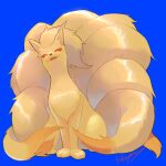  blue_background commentary_request full_body gen_1_pokemon highres kikuyoshi_(tracco) looking_at_viewer ninetales no_humans open_mouth paws pokemon pokemon_(creature) red_eyes shiny signature simple_background sitting smile solo toes tongue 