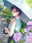  1girl absurdres aqua_eyes black_skirt braid breasts closed_mouth flower from_behind hair_over_shoulder highres holding holding_umbrella huge_filesize hydrangea light_blush long_hair looking_at_viewer love_live! love_live!_school_idol_project medium_breasts naarann purple_hair shirt shirt_tucked_in single_braid skirt sleeveless sleeveless_shirt smile solo stairs symbol-only_commentary torii toujou_nozomi umbrella white_shirt 