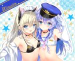  2girls animal_ears bangs bell bikini blonde_hair blue_eyes blue_hair blush breasts cat_ears elbow_gloves emily_(pure_dream) eyebrows_visible_through_hair eyes_visible_through_hair fake_animal_ears gloves hat long_hair looking_at_viewer multiple_girls name_tag navel neck_bell open_clothes open_mouth open_shirt original sailor_collar shirt small_breasts swimsuit upper_body white_gloves white_shirt 