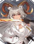  1girl animal_ears arknights black_gloves blood bloody_clothes carnelian_(arknights) collarbone cropped_jacket dark-skinned_female dark_skin gloves goat_ears goat_girl goat_horns grey_hair hair_between_eyes highres holding holding_sword holding_weapon horns jacket looking_at_viewer mabing red_eyes shirt short_hair smile solo sword teeth v-shaped_eyebrows weapon white_jacket white_shirt 