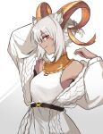  1girl animal_ears arknights arm_behind_head bare_shoulders beeswax_(arknights) beeswax_(arknights)_(cosplay) beeswax_(weisser_sand)_(arknights) beeswax_(weisser_sand)_(arknights)_(cosplay) belt black_belt cardigan carnelian_(arknights) chinese_commentary cosplay dark-skinned_female dark_skin dress goat_ears goat_girl goat_horns highres holding holding_hair horns looking_at_viewer mabing official_alternate_costume open_cardigan open_clothes red_eyes short_hair sideways_glance simple_background smile solo upper_body white_background white_cardigan white_dress white_hair 