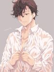  1boy brown_eyes brown_hair covered_nipples granblue_fantasy grey_background lobelia_(granblue_fantasy) male_focus mame_lde nipples shirt short_hair simple_background solo teeth toned toned_male wet wet_clothes wet_hair wet_shirt white_shirt 