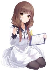  1girl absurdres armband bangs black_legwear blunt_bangs blush brown_eyes brown_hair clipboard dress eyebrows_visible_through_hair full_body highres holding holding_clipboard holding_pen hosh iino_miko kaguya-sama_wa_kokurasetai_~tensai-tachi_no_renai_zunousen~ long_hair looking_at_viewer low_twintails neck_ribbon pantyhose pen ribbon school_uniform simple_background sitting solo twintails white_background white_dress yokozuwari 