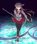  1girl asuna_(sao) black_legwear boots brown_eyes brown_hair cape cloak fingerless_gloves gloves holding holding_sword holding_weapon long_hair looking_at_viewer puge rapier red_cloak red_footwear red_skirt skirt sword sword_art_online sword_art_online_progressive weapon 