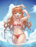  1girl arms_up bikini blue_sky breasts clouds cowboy_shot day green_eyes himeno_hera looking_at_viewer orange_hair original outdoors red_bikini sky small_breasts smile soaking_feet solo standing swimsuit water 