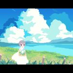  1girl animated blue_sky clouds cloudy_sky dress feet_out_of_frame fence grass grey_hair holding leaf looping_animation lowres original outdoors pixel_art reflection short_hair sky sleeveless sleeveless_dress solo sotie standing water white_dress wind 