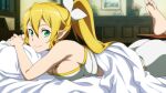  1girl artist_request barefoot bed blonde_hair breast_press breasts feet game_cg green_eyes highres indoors large_breasts leafa leafa_(sao:im) leg_up long_hair looking_at_viewer lying official_art on_stomach pillow sideboob smile solo sword_art_online sword_art_online:_hollow_fragment the_pose 