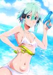  1girl absurdres bikini blue_sky breasts closed_mouth clouds collarbone commentary_request day green_eyes green_hair hair_between_eyes hair_ornament highres holding holding_water_gun island_(kossori) looking_at_viewer navel ocean short_hair sinon sky small_breasts smile solo stomach swimsuit sword_art_online water_gun white_bikini 