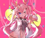  1girl absurdres animal_ears balloon cake confetti food fox_ears hair_ornament hairclip highres holding holding_food indie_virtual_youtuber long_hair looking_at_viewer navel one_eye_closed open_mouth pink_background shippitsu standing teletha_(vtuber) virtual_youtuber 