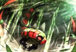  blurry commentary_request ewokakukaede fangs gen_4_pokemon highres leaves_in_wind light_beam no_humans open_mouth pokemon pokemon_(creature) solo tongue yanmega 