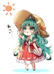  1girl aqua_hair bag bow brown_bow brown_footwear brown_headwear chibi colored_shadow commentary_request dress eyebrows_visible_through_hair green_eyes hand_on_headwear hat hat_bow heart-shaped_bag highres horns komano_aunn long_hair piyokichi red_dress shadow shoes short_eyebrows short_sleeves shoulder_bag single_horn solo sun_symbol thick_eyebrows touhou translation_request very_long_hair white_background 