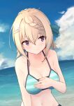  1girl alternate_costume beach bikini blonde_hair blue_sky braid braided_bun breasts centi_mnkt clouds cowboy_shot day eyebrows_visible_through_hair green_bikini green_ribbon hair_between_eyes hair_ornament hair_ribbon hairclip hand_on_own_chest highres kantai_collection long_hair medium_breasts navel ocean official_alternate_costume outdoors perth_(kancolle) ribbon sky solo striped striped_bikini striped_swimsuit swimsuit violet_eyes water 