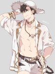  1boy bracelet brown_hair closed_mouth ear_piercing granblue_fantasy green_eyes hat jacket jewelry lobelia_(granblue_fantasy) male_focus mame_lde navel necklace open_clothes open_jacket pectorals piercing short_hair shorts simple_background smile solo straw_hat toned toned_male upper_body white_jacket white_shorts 