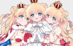  3girls armlet bikini blonde_hair blue_eyes blush bow bowtie cape choker crown double_bun eiyuu_senki eiyuu_senki_ww eyebrows_visible_through_hair fur-trimmed_bikini fur-trimmed_cape fur-trimmed_gloves fur_trim gloves hair_bow heart heart-shaped_pupils interlocked_fingers jewelry jiitarou king_arthur_(eiyuu_senki) long_hair looking_at_viewer multiple_girls multiple_persona necklace open_mouth own_hands_together pom_pom_(clothes) puffy_short_sleeves puffy_sleeves red_gloves short_sleeves smile stuffed_animal stuffed_toy swimsuit symbol-shaped_pupils teddy_bear white_bow white_gloves 