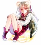  1girl bangs blonde_hair closed_mouth full_body hair_between_eyes highres jacket letterman_jacket little_red_riding_hood_(sinoalice) long_hair looking_at_viewer reality_arc_(sinoalice) red_eyes red_footwear red_jacket shoes simple_background sinoalice sneakers solo towada-san_(thank39) twintails v-shaped_eyebrows white_background 